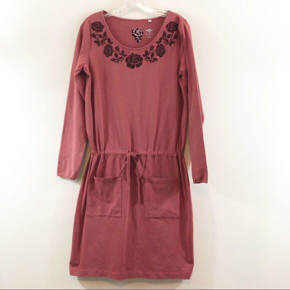 Acacia Long Sleeve Dress Drawstring elastic waist Pockets Floral Accents - Picture 1 of 11